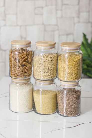 6 Lı Set Bambu Kapaklı Cam Kavanoz & Erzak Saklama Kabı 800 ml Orta  Boy ( Vakum Kapak ) - Kavanoz - Cosmedrome