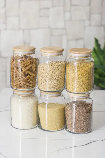 6 Lı Set Bambu Kapaklı Cam Kavanoz & Erzak Saklama Kabı 800 ml Orta  Boy ( Vakum Kapak ) - Jar - Cosmedrome