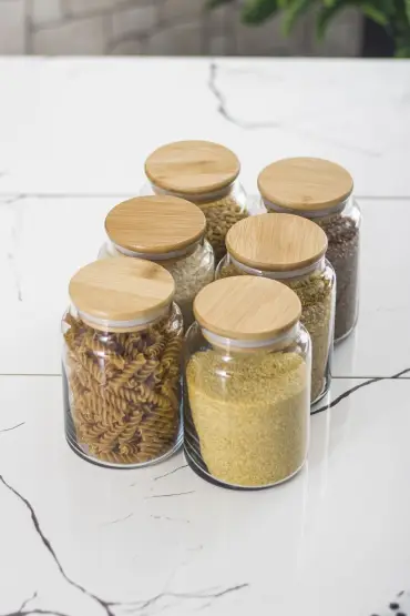 6 Lı Set Bambu Kapaklı Cam Kavanoz & Erzak Saklama Kabı 800 ml Orta  Boy ( Vakum Kapak ) - Jar - Cosmedrome