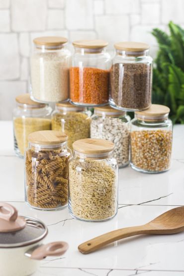 Bambu Kapaklı Cam Kavanoz & Erzak Saklama Kabı 800 ml Orta  Boy ( Vakum Kapak ) - Kavanoz - Cosmedrome