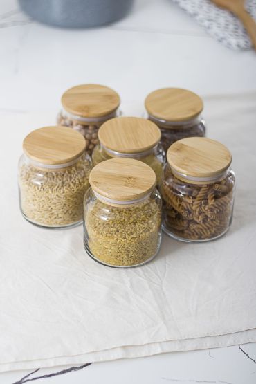 6 Lı Set Bambu Kapaklı Cam Kavanoz & Erzak Saklama Kabı 500 ml Küçük  Boy ( Vakum Kapak ) - Jar - Cosmedrome