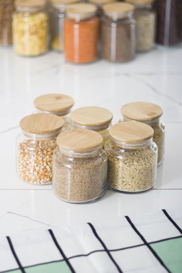 6 Lı Set Bambu Kapaklı Cam Kavanoz & Erzak Saklama Kabı 500 ml Küçük  Boy ( Vakum Kapak ) - Jar - Cosmedrome