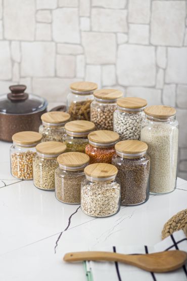 12 Li Set Bambu Kapaklı Cam Kavanoz & Erzak Saklama Kabı 4 X (1.3 LT 0.80 LT 0.50  LT ( Vakum Kapak ) - Jar - Cosmedrome