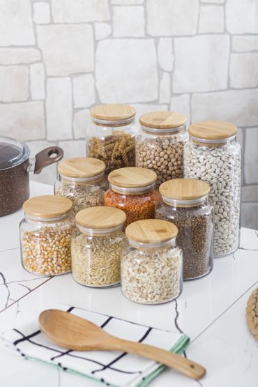 9 Lu Set Bambu Kapaklı Cam Kavanoz & Erzak Saklama Kabı 3 X (1.3 LT 0.80 LT 0.50  LT ( Vakum Kapak ) - Kavanoz - Cosmedrome