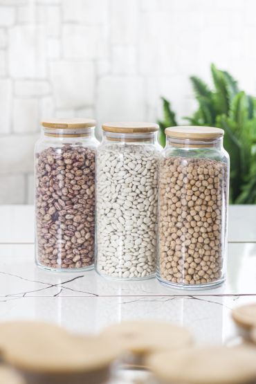 9 Lu Set Bambu Kapaklı Cam Kavanoz & Erzak Saklama Kabı 3 X (1.3 LT 0.80 LT 0.50  LT ( Vakum Kapak ) - Kavanoz - Cosmedrome