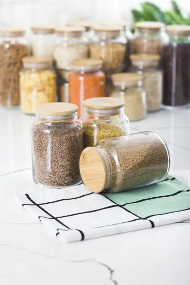 9 Lu Set Bambu Kapaklı Cam Kavanoz & Erzak Saklama Kabı 3 X (1.3 LT 0.80 LT 0.50  LT ( Vakum Kapak ) - Jar - Cosmedrome