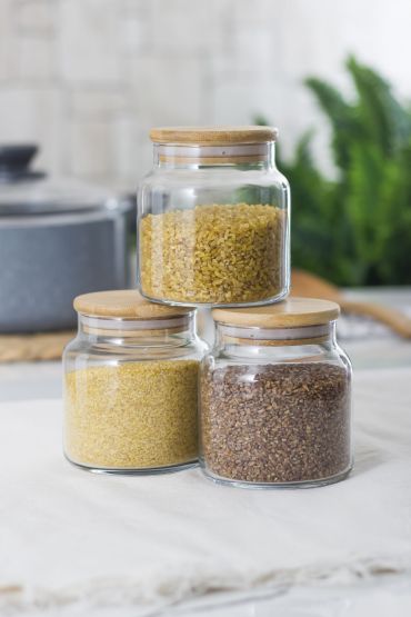 3 Lü Set Bambu Kapaklı Cam Kavanoz & Erzak Saklama Kabı 500 ml Küçük  Boy ( Vakum Kapak )