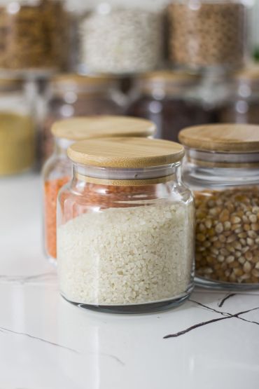 3 Lü Set Bambu Kapaklı Cam Kavanoz & Erzak Saklama Kabı 500 ml Küçük  Boy ( Vakum Kapak )