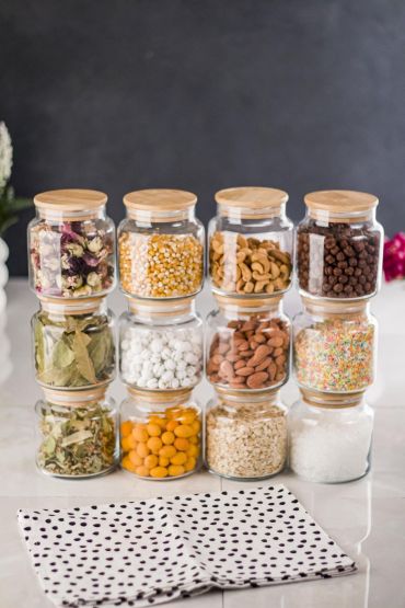 12 Li Set Bambu Kapaklı Cam Kavanoz & Baharat Takımı & Baharatlık 500 ML ( Vakum Kapak )