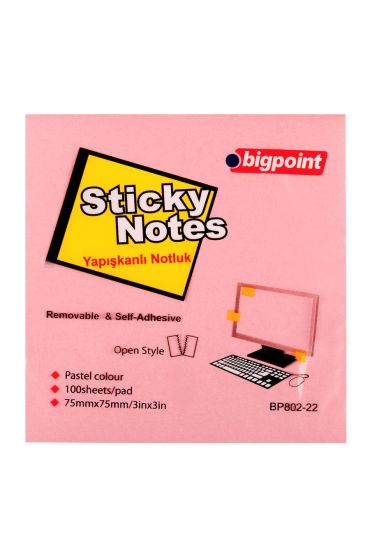 Bigpoint Yapışkanlı Not Kağıdı 75x75mm Pembe 12'li Paket