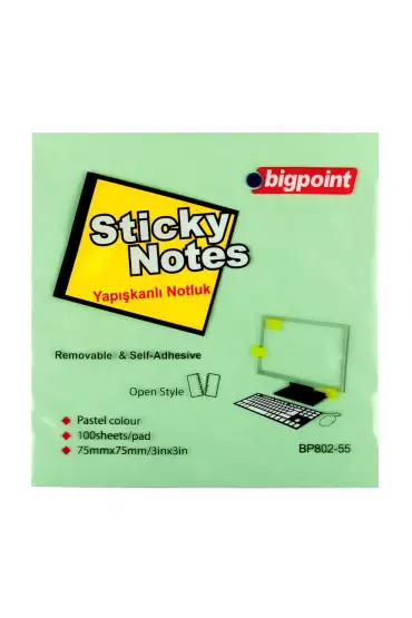 Bigpoint Yapışkanlı Not Kağıdı 75x75mm Yeşil 12'li Paket