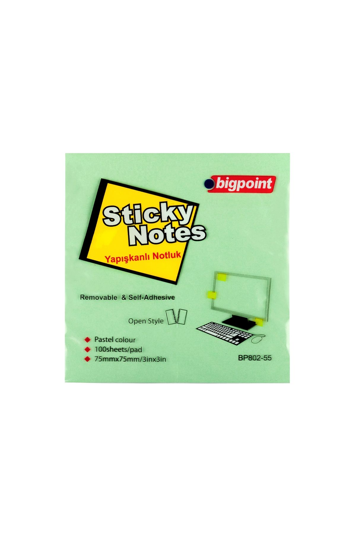 Bigpoint Yapışkanlı Not Kağıdı 75x75mm Yeşil 12'li Paket