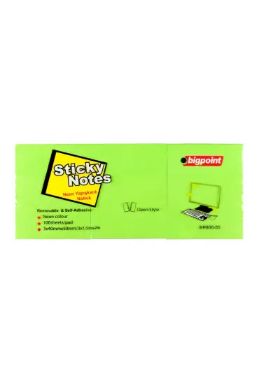 Bigpoint Yapışkanlı Not Kağıdı 3'lü 40x50mm Neon Yeşil 4'lü Paket