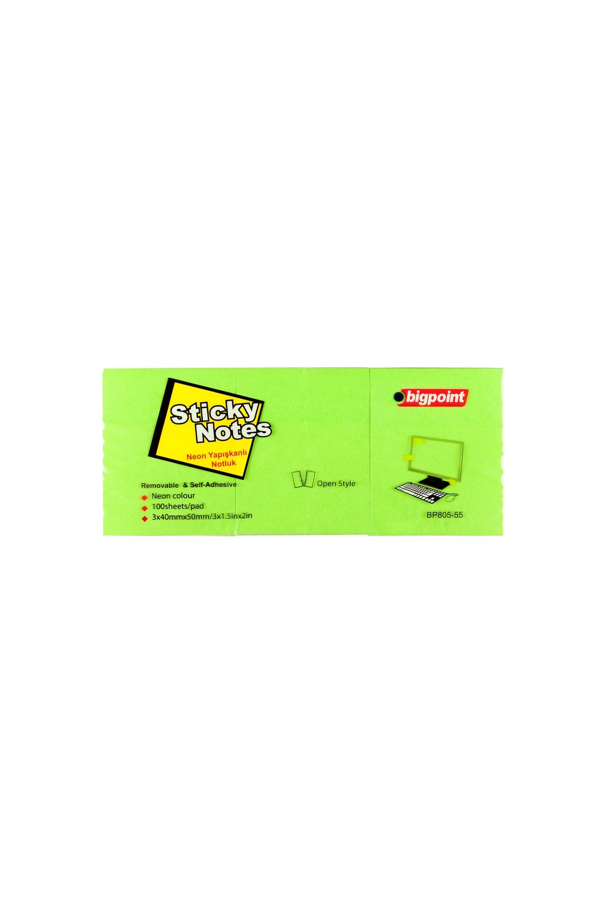 Bigpoint Yapışkanlı Not Kağıdı 3'lü 40x50mm Neon Yeşil 4'lü Paket