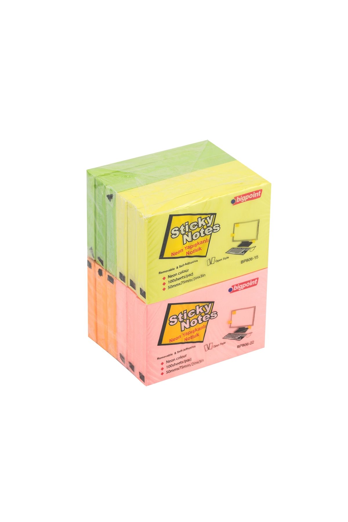 Bigpoint Yapışkanlı Not Kağıdı 75x50mm Neon 4 Renk 12'li Paket