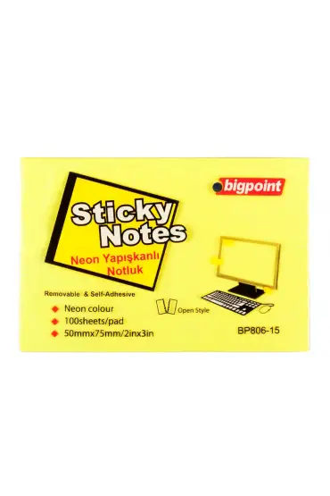 Bigpoint Yapışkanlı Not Kağıdı 75x50mm Neon Sarı 12'li Paket