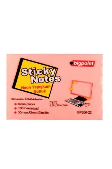 Bigpoint Yapışkanlı Not Kağıdı 75x50mm Neon Pembe 12'li Paket