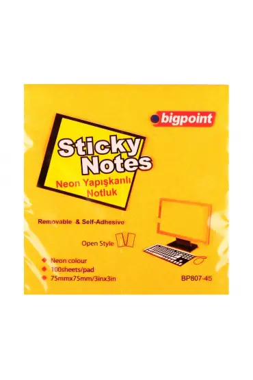 Bigpoint Yapışkanlı Not Kağıdı 75x75mm Neon Turuncu 12'li Paket