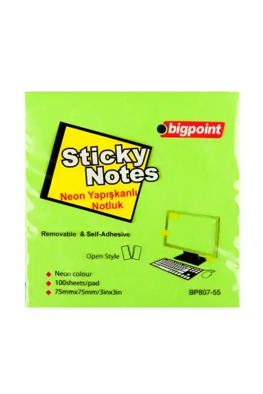 Bigpoint Yapışkanlı Not Kağıdı 75x75mm Neon Yeşil 12'li Paket