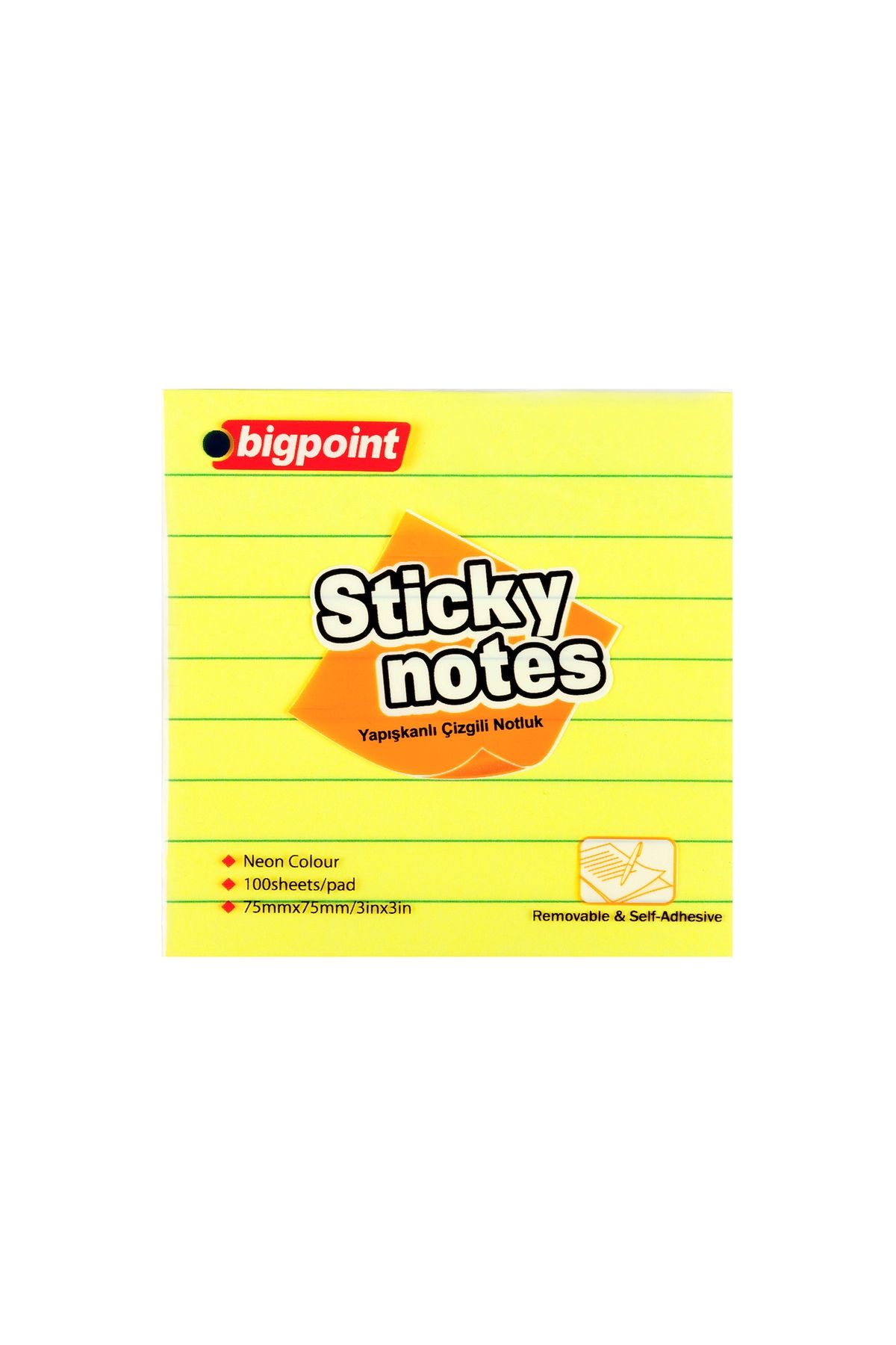Bigpoint Yapışkanlı Not Kağıdı Çizgili 75x75mm Neon Sarı 12'li Paket