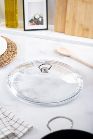 32 Cm Tencere & Tava & Sahan için Metal Kulplu Cam Kapak (TÜM TENCERELERE UYUMLUDUR)